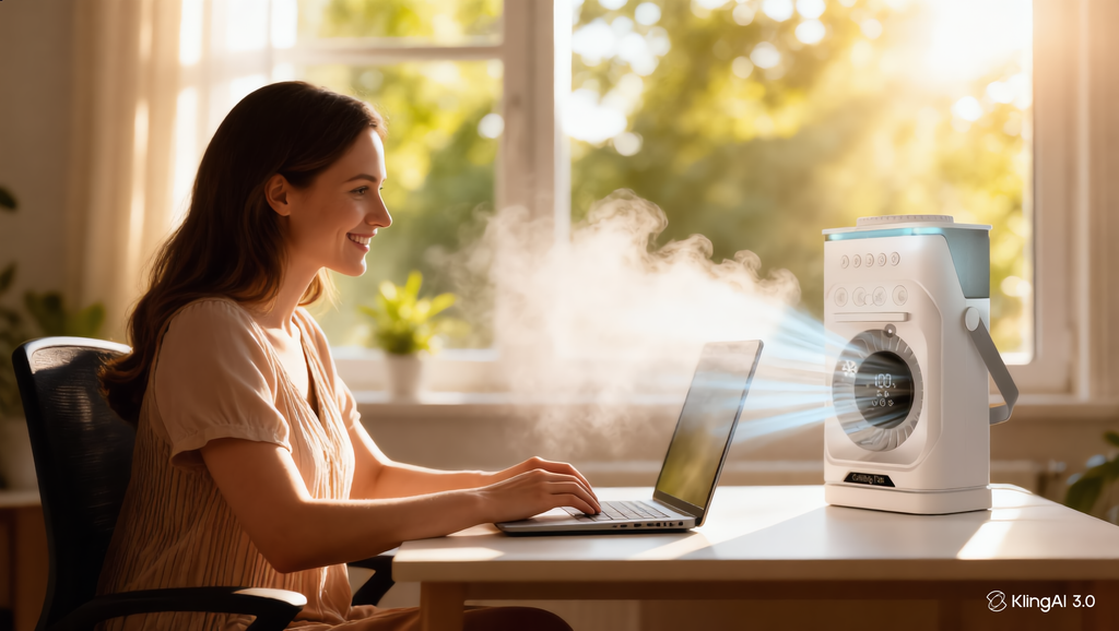 MistFlow Pro — Ventilateur brumisateur portable en situation lifestyle, fraîcheur instantanée